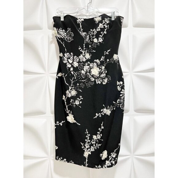 David Meister Sz 4 Black SILK Ivory Lace Floral Strapless Sheath Pencil Dress - Picture 3 of 11